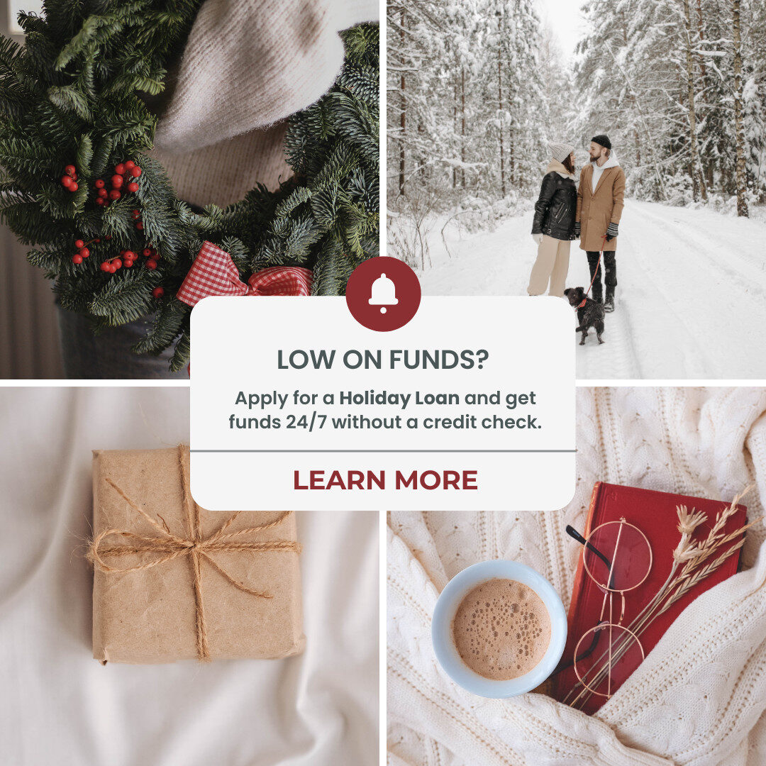 A collage of four winter photos: a wreath, a couple standing in the snow, a wrapped gift, and hot cocoa with a book and blanket.