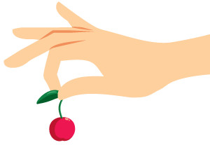 hand holding a cherry between thumb and forefinger.